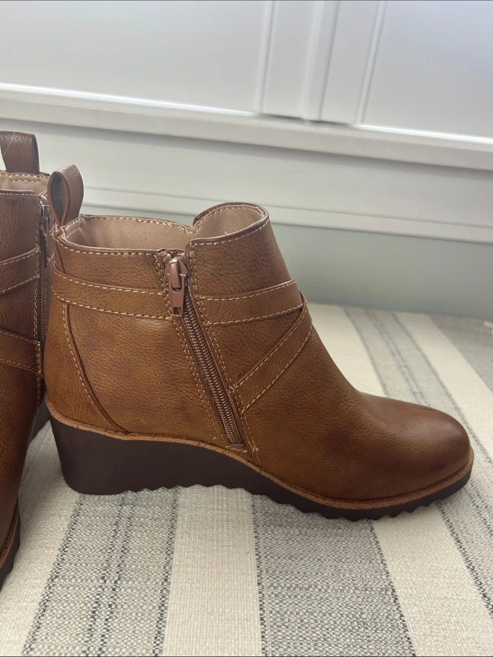 Life Stride Brown Faux-Leather Ankle Booties with Wrap Strap